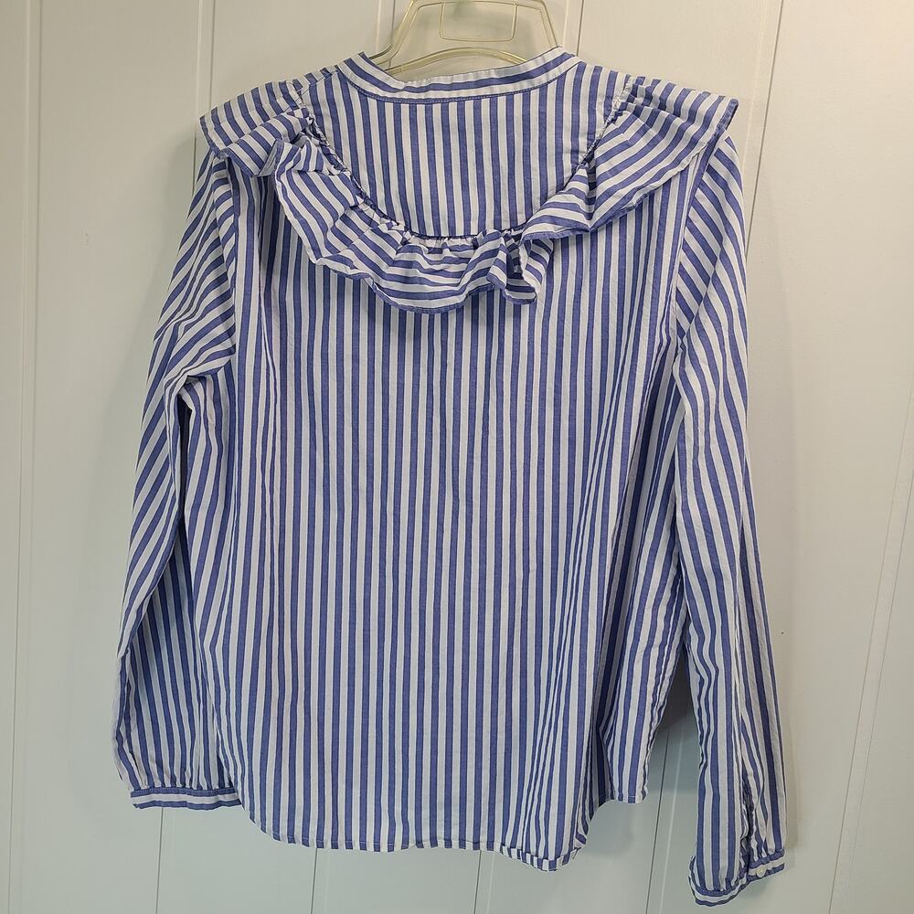 Madewell Striped Ruffle-Front Button Blouse XL Cotton Blue Long Sleeve - Picture 2 of 7